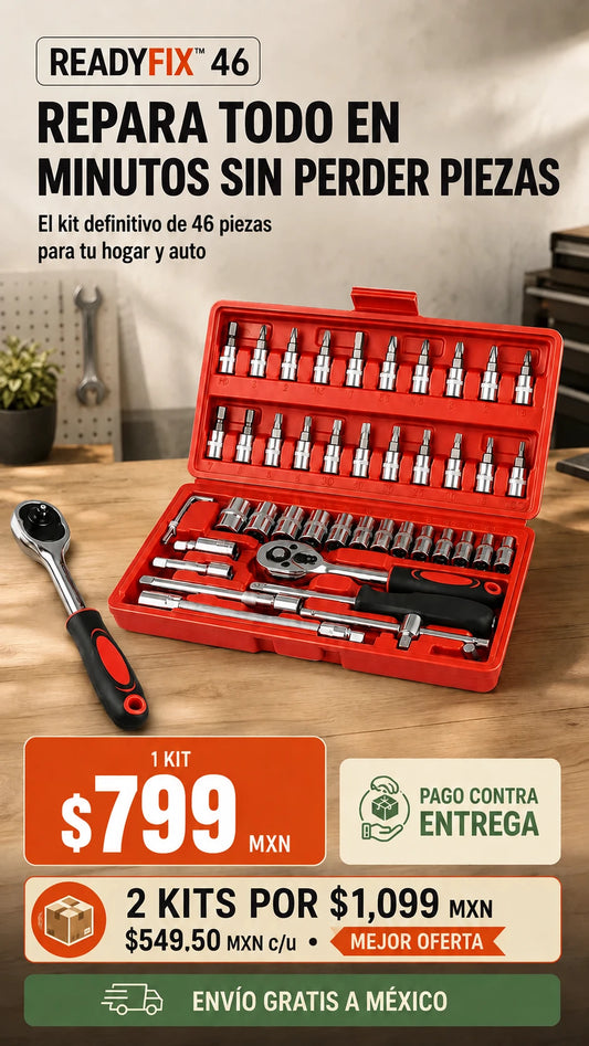 ReadyFix™ 46 – Juego de llaves y dados de 46 piezas con matraca y estuche organi